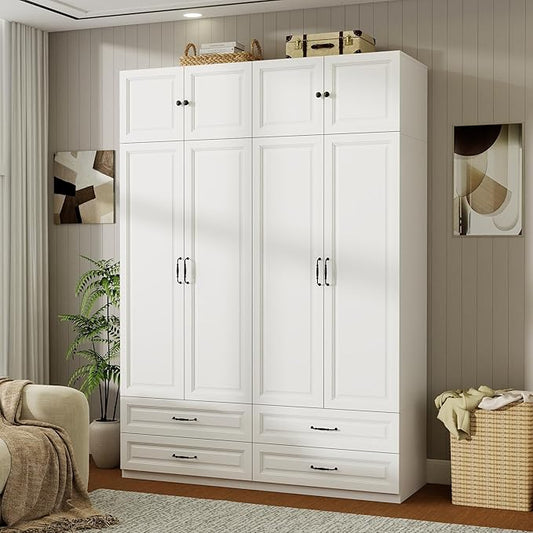 White Armoire Wardrobe Closet: 88" Extra Tall Wardrobe Cabinet with 4 Drawers, Large Wood Armoire Closet with 4 Doors, Modern Bedroom Armoires with Top Cabinet