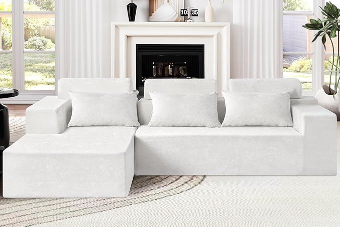 Homguava Modular Sectional Couches for Living Room, Cloud Couch with L-Shape Chaise,Comfy Sofa Living Room Couch with Deep Seat,No Assembly L Couch,Luxury Distressed Velvet(Begie,L)