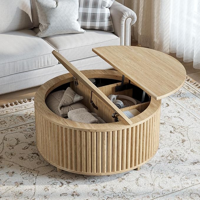 Evermagin 31.5'' Walnut Round Coffee Table, Fluted Lift Top Coffee Table with Large Storage, Mid Century Modern Small Center Table for Living Room