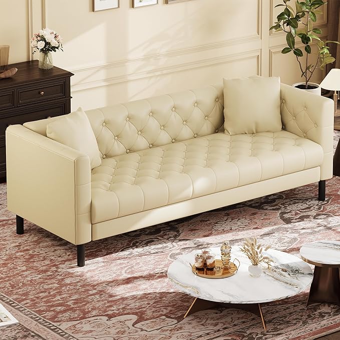 IDEALHOUSE Mid Century Modern Sofa 81 inch, Faux Leather Sofa 3 Seater, Apartment Sofa for Living Room, Chesterfield Tufted Couch with Deep Seats and 2 Pillows, Sectional Style Couch, Beige