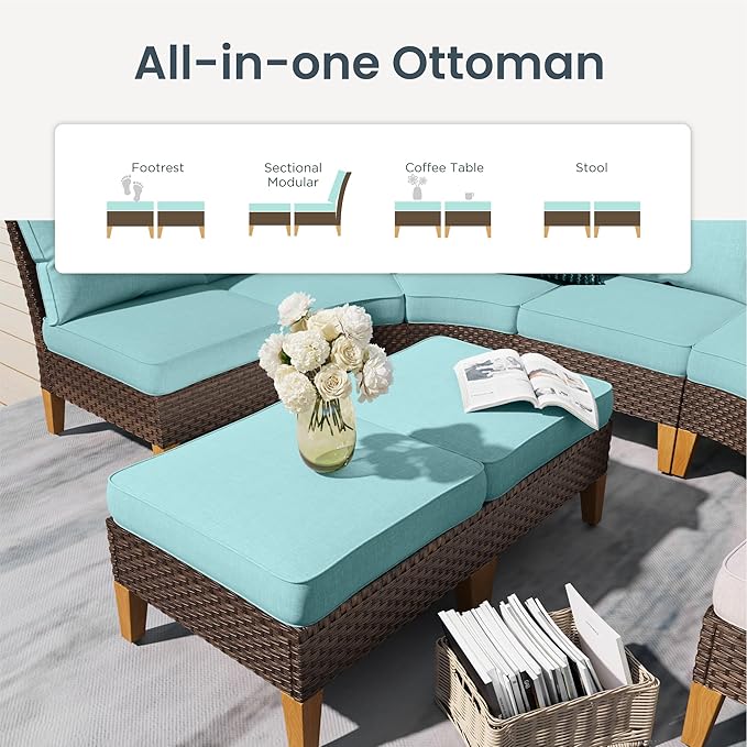 PHI VILLA 7-Piece Curved Patio Furniture Set, Half-Moon Wicker Sectional Furniture Sofa Set for 8 Seats with 1 Curved Sectionals, 2 armless Seats, 2 one armrest Sofas and 2 Ottomans, Aqua Blue