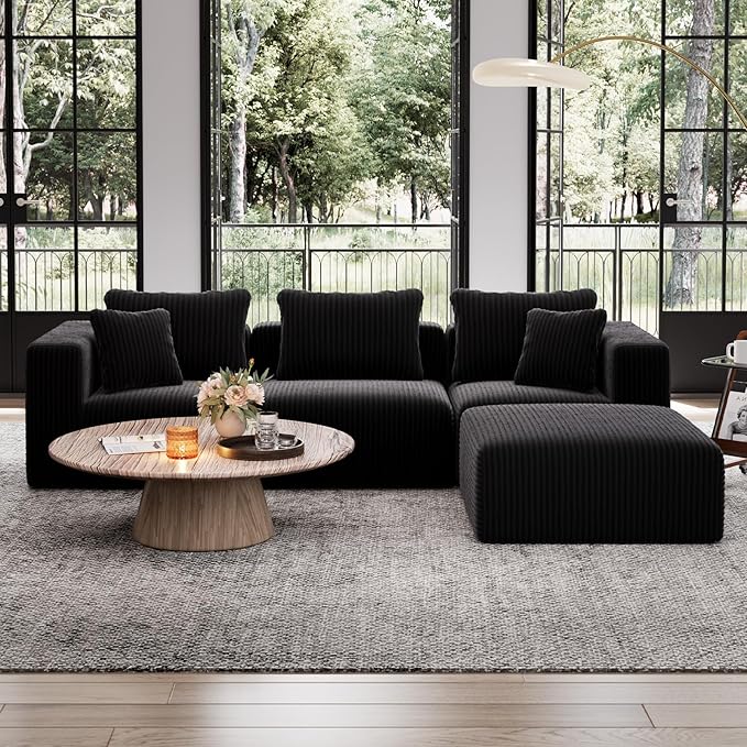 Avenco 106” L-Shaped Modular Sectional Sofa with Ottoman, Individually Wrapped Coil Support & Corduroy Fabric, Zero Assembly 4-Piece Set for Living Room, Black