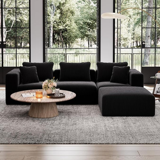 Avenco 106” L-Shaped Modular Sectional Sofa with Ottoman, Individually Wrapped Coil Support & Corduroy Fabric, Zero Assembly 4-Piece Set for Living Room, Black