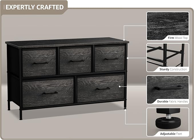 Sorbus Dresser with 5 Faux Wood Drawers - Wide Storage Unit Chest Organizer for Clothes - Bedroom, Living Room, Closet, & Dorm TV Stand Furniture - Steel Frame, Wood Top, & Easy Pull Fabric Bins - Image 4