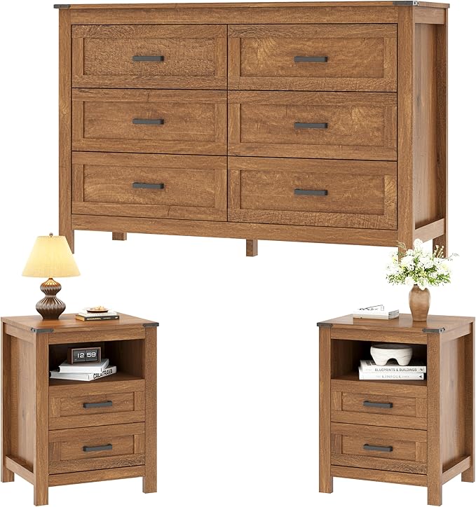 EazeHome 3 Piece Bedroom Set - Includes 6 Drawer Dresser for Bedroom, Set of 2 Nightstands with Open Storage Shelf and Drawers, Retro Dresser and Nightstand Sets, Rustic Brown