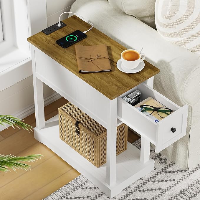 Nightstand Set of 2 with Charging Station, Side Table with Storage, Thicken Base, for Bedroom, Rustic Brown and White - Image 2