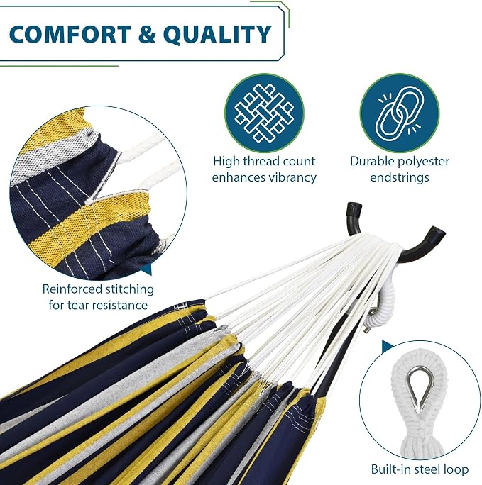 Vivere Double Cotton Hammock with Space Saving Steel Stand, Upgraded Polyester End Strings 450 lb Capacity - Premium Carry Bag Included - USA Grown Cotton (Serenity) - Image 2