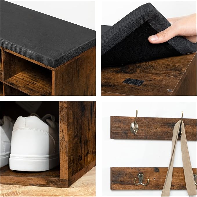 HOOBRO Shoe Storage Bench with Cushion, 39.4" L Entryway Bench with 12 Cubbies, Entryway Hall Tree with Storage, Shoe Cabinet with Coat Rack for Bedroom, Hallway, Holds up to 330 lb, BF112HX01G1 - Image 7