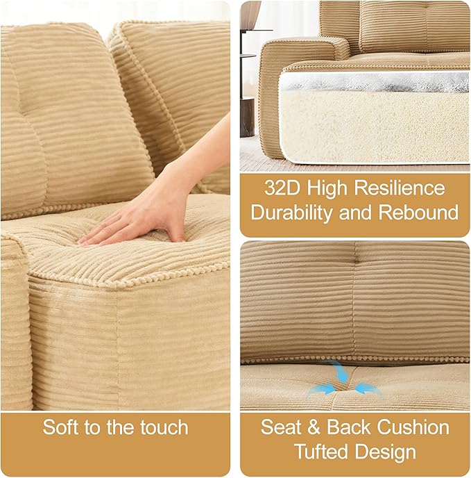 Casaphoria 115'' Boneless Sofa with Ottoman, 3-Seater Modular Couch with 3 Pillows for Living Room, L Shape Cloud Sectional Sofa, No Assembly, Camel