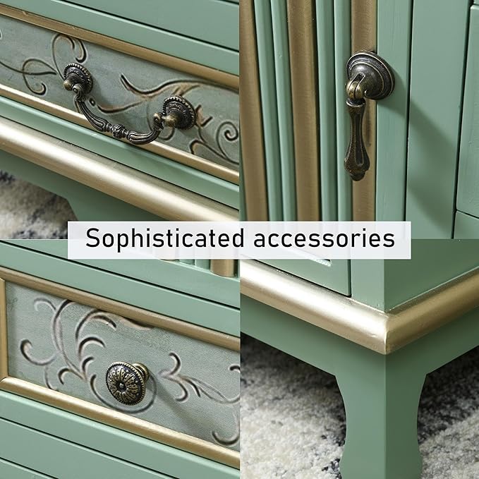 Ahokua Vintage Accent Chest with 5-Drawers and Door Carved Wood Storage Cabinet Modern Dresser for Living Room, Entryway, Hallway, Sage Green - Image 6
