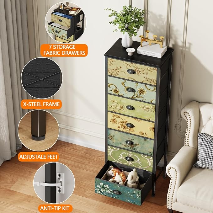 Furnulem Tall Dresser for Bedroom with 7 Fabric Drawers, Vintage Dressers & Chest of Drawers, Vertical Storage Tower Organizer Unit Retro Bedside Furniture in Closet,Living Room,Nusery,Dorm,Entryway - Image 5