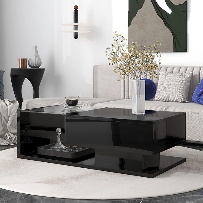 Modern Coffee Table with Tempered Glass, Wooden Cocktail Table with High-Gloss UV Surface, Modernist 2-Tier Rectangle Center Table for Living Room, Black