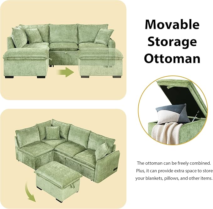 ERYE L-Shaped Corner Chenille Upholstered Sleeper Sectional Sofa Practical Convertible Sleep Sofabed W/Pull Out Sleep Couch Bed, Storage Ottoman and USB Charge Ports for Living Room
