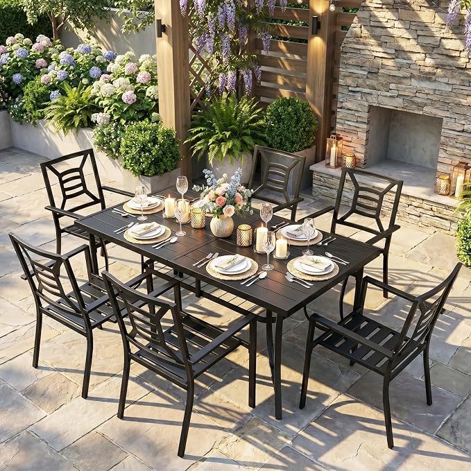 7 Piece Outdoor Patio Dining Sets, 60" Rectangular Metal Dining Table with Umbrella Hole & 6 Stackable Metal Chairs, Weather Resistant Garden Furniture Set for Backyard, Deck, Porch by VOYSIGN