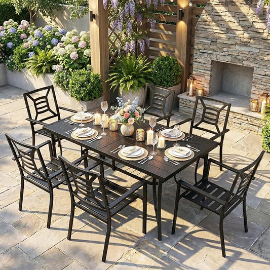7 Piece Outdoor Patio Dining Sets, 60" Rectangular Metal Dining Table with Umbrella Hole & 6 Stackable Metal Chairs, Weather Resistant Garden Furniture Set for Backyard, Deck, Porch by VOYSIGN