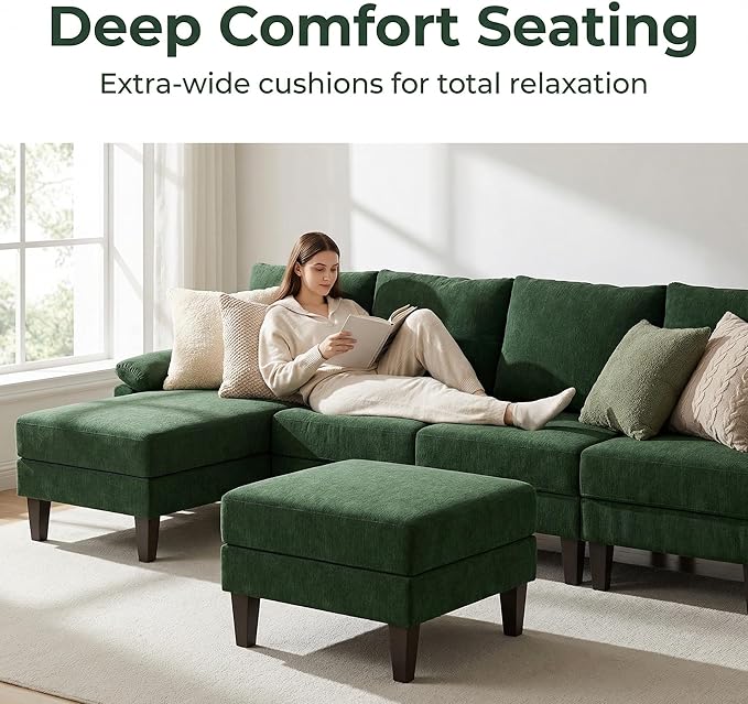 Modern L-Shaped Sectional Sofa with Storage Ottoman, Apartment Sectional Couch with Left Facing Chaise, 3-Piece Living Room Sofa Set, 115 Inch Furniture, Green
