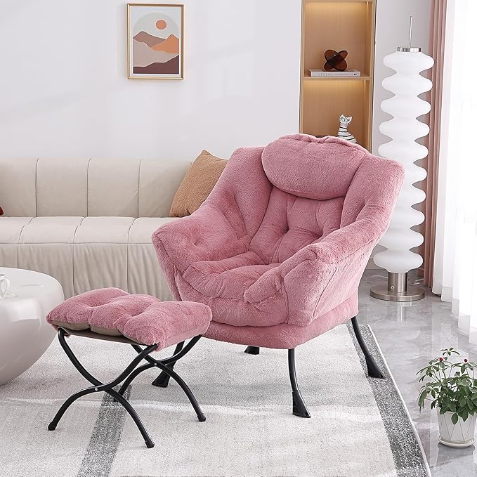 MBOOYOME Lazy Chair with Folding Ottoman, Modern Accent Armchair with Armrests and a Side Pocket & Foldable Footstool, Reading Chair for Living Room, Bedroom & Dorm, Plush Dark Pink