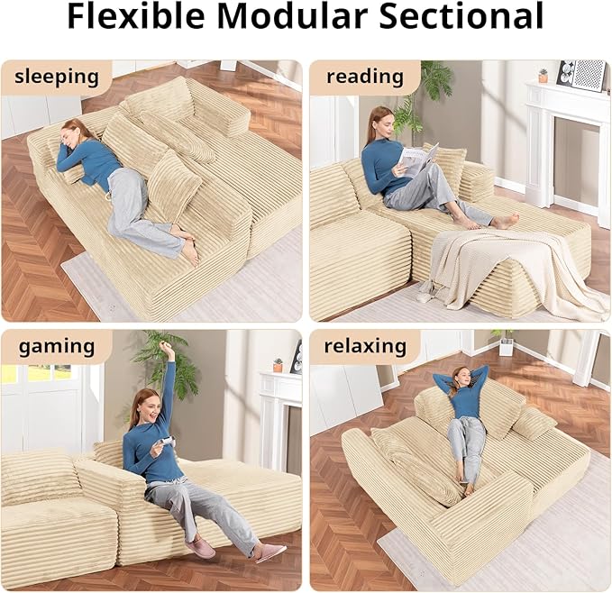 LUCKLIFE Modular Sectional Couch with L-Shape Chaise,Corduroy Upholstery Boneless Couches for Living Room,Oversized Sleeper Sofa,No Assembly Required (Beige, L Shape with Right Facing Chaise)
