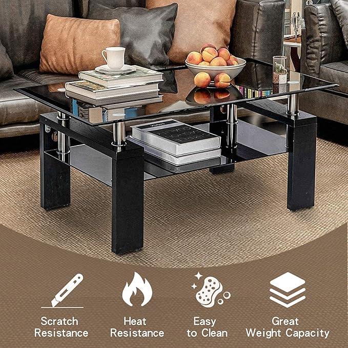 38.6'' Rectangle Glass Coffee Table, Black Coffee Table with Tempered Glass & Metal Legs, 2-Tier Modern Center Table with Storage Shelf, Black Glass Coffee Tables for Living Room, Apartment, Office
