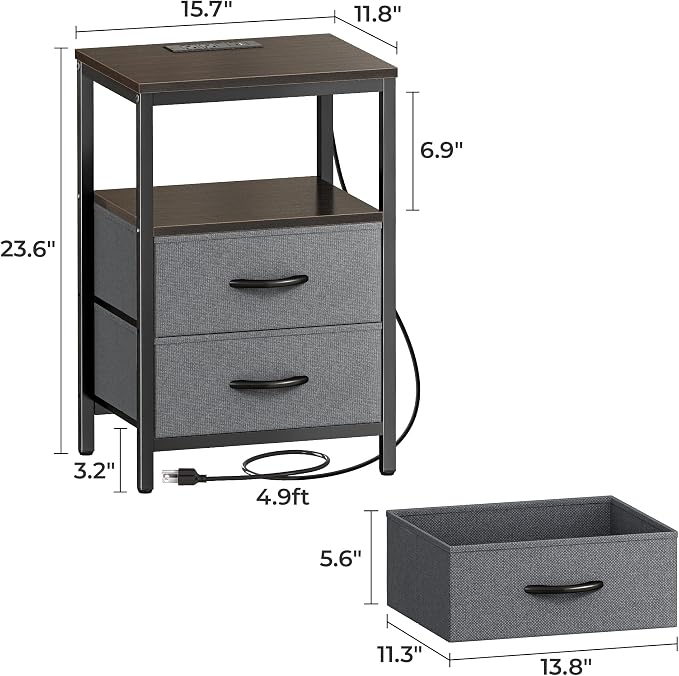 Huuger Nightstand with Charging Station, Fabric Drawers, End Table with Open Shelf, Bedside Table with USB Ports and Outlets, Night Stand for Bedroom, Walnut - Image 3