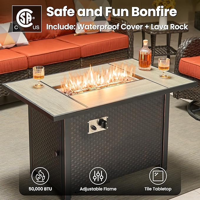 ovios 7-Piece Patio Furniture Set with Swivel Chairs Coffee Table, Outdoor Wicker Sofa with 42" Fire Pit Table, High Back Couch Modern Conversation Sets, Brown/Orange Red