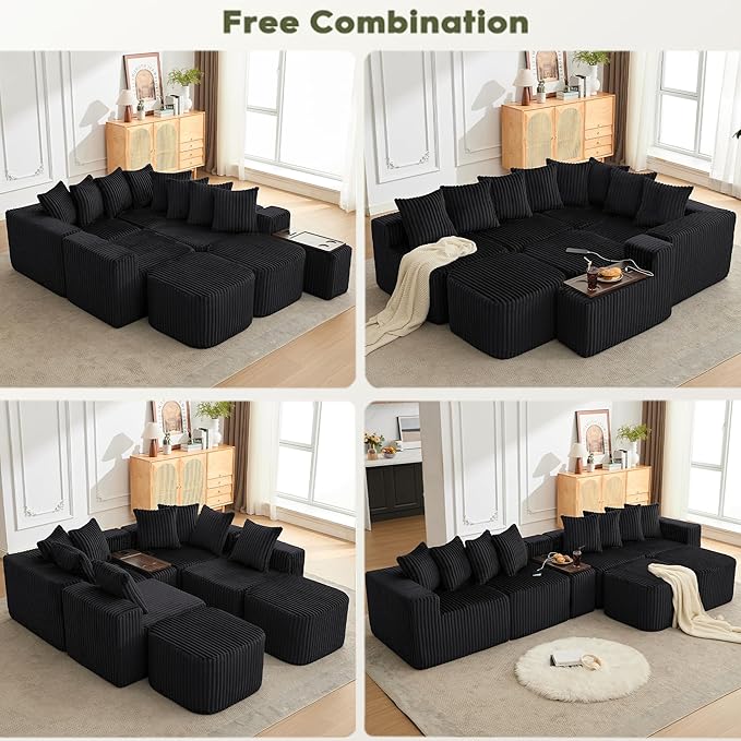 Oversized Cloud Modular Sectional Sofa Boneless Couch with Movable Ottomans,Free Combination Memory Foam Floor Couch with Charging Port & Cup Holders for Living Room | Coffee Table Board, Wireless Charge, No Assembly