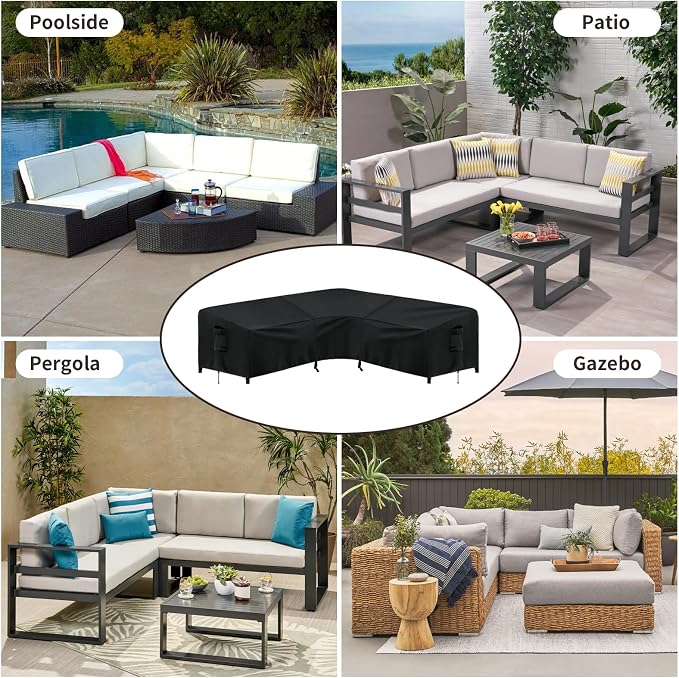 PureFit Outdoor Sectional Sofa Cover Waterproof V Shaped Patio Furniture Covers for Deck, Lawn and Backyard, 89”x89”, Black - Image 8