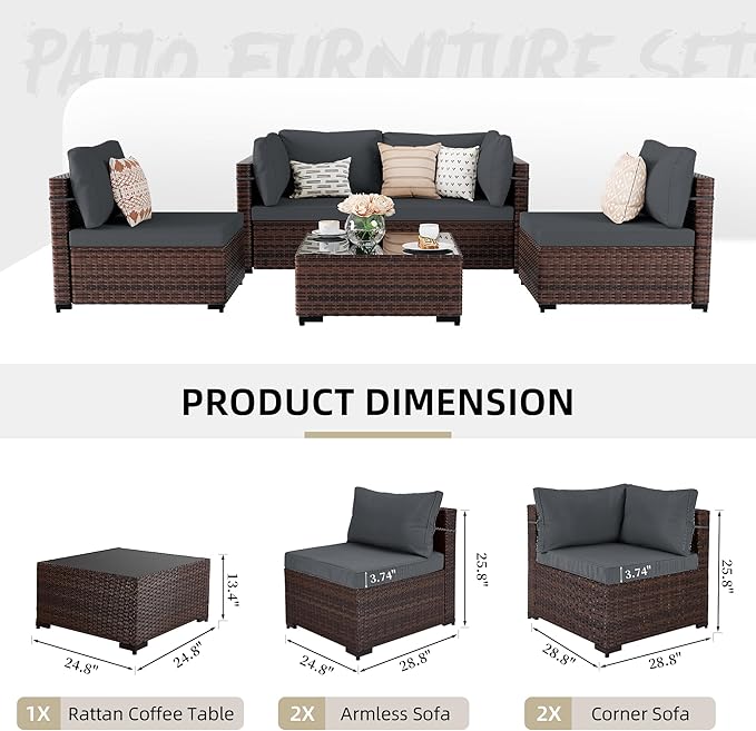 UPHA 5 Pieces Patio Furniture Sets, Wicker Outdoor Sectional Sofa Couch with Coffee Table, Patio Conversation Set for Deck Backyard Garden, Brown Rattan, Dark Gray Cushion