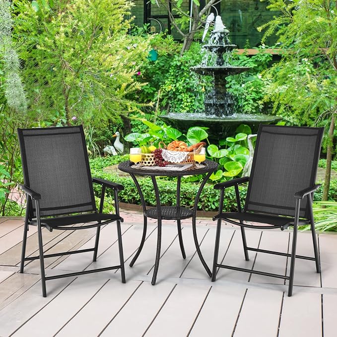 Giantex Set of 2 Patio Folding Chairs, Portable Outdoor Dining Chairs with Armrest for Porch Camping Pool Beach Deck Lawn Garden, Metal Frame, Black - Image 2