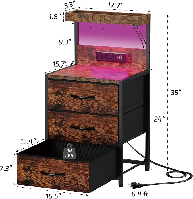 SZLHANJZ Nightstands Set of 2, End Table with LED Light and Charging Station Type C, 3 Drawers Storage Night Stand with Hooks, Tall Bed Side Table for Bedroom Dorm, Rustic Brown - Image 3
