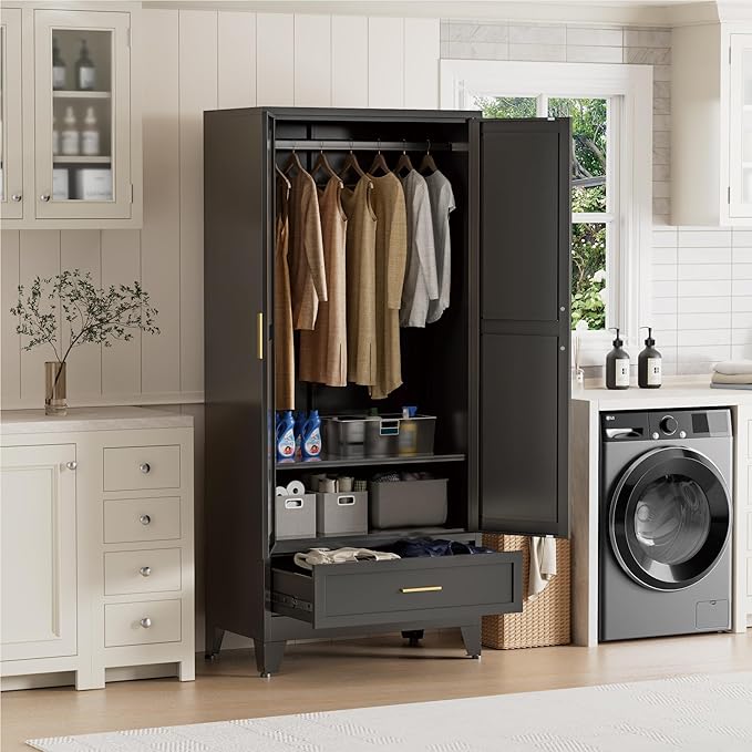 Black Metal Wardrobe Closet, Steel Armoire Wardrobe with Drawer Clothes Cabinet for Bedroom, 71" Tall Farmhouse Armoire Closet with Drawer, Shelf and 2 Doors Clothing Storage Cabinet with Hanging Rod
