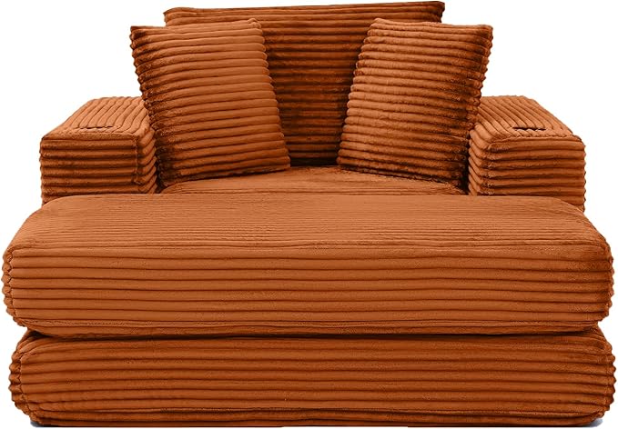 Eafurn 52.4" Oversized Chaise Lounge Indoor with Foldable Ottoman Convertible Boneless Sleeper Sofa Bed, Deep Seat Lounge Chair with Cup Holder & Side Pocket, No Assembly for Living Room | Breathable material, Cupholders