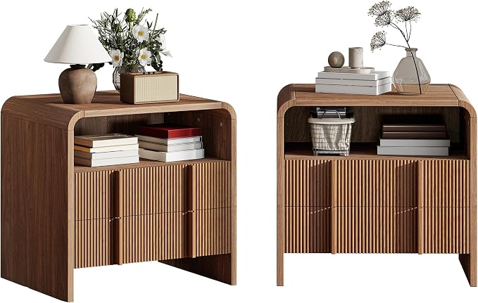 AMERLIFE Fluted Night Stand Set 2 with Storage Drawers, Modern Small Nightstand & Bedside Table with Open Shelf, Curved Profile Design & Pine Handles, Wood End Table for Bedroom, Walnut - Image 9