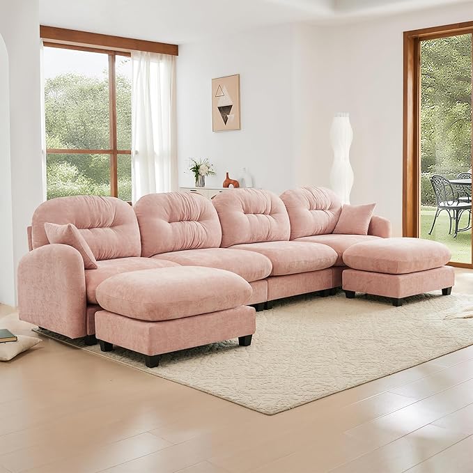 KEIKI 140" U-Shaped Oversized Chenille Modular Sectional Sofa with 2 Ottoman, High-Density Foam Cushions, Tufted Pleated Cushion Backrest, Modern 4-Seater Couch with 2 Pillow, for Living Room, Pink