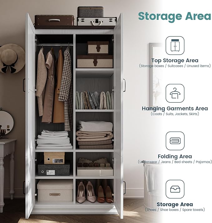 ANCTOR Wardrobe Closet with Doors, 71" H Tall Wooden Closet with 5 Clothing Shelves, Hanging Rod for Clothes, Bedroom Freestanding Armoire Storage Cabinet, Stand Alone Clothing Unit, White