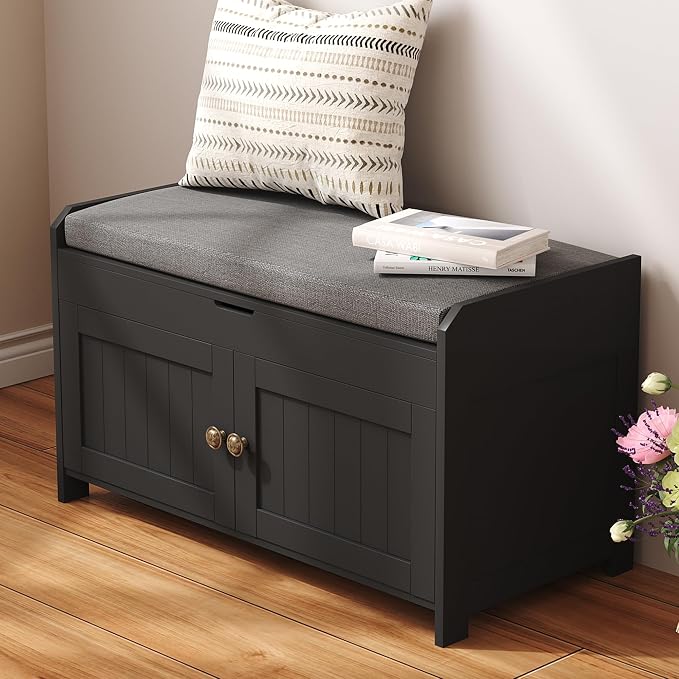 HOMEFORT 30" Shoe Bench with Lift Top Storage, Entryway Bench with Cushioned Seat, Wooden End of Bed Bench, Shoe Cabinet Bench with Hidden Storage Space, for Bedroom, Hallway,Black - Image 4