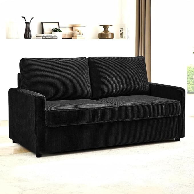 Reversible Sleeper Sofa Bed with Comfortable Memory Foam Mattress, Convertible Corduroy Full Size Pull Out Couch for Living Room, Space Saving Furniture, 70" Wide, Rectangular Arms, Black