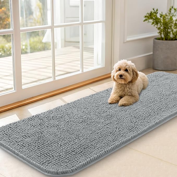 OLANLY Dog Door Mat for Muddy Paws 59x20, Absorbs Moisture and Dirt, Absorbent Non-Slip Washable Doormat, Quick Dry Chenille Mud Mat for Dogs, Entry Indoor Entryway Carpet for Inside Floor, Grey by OLANLY