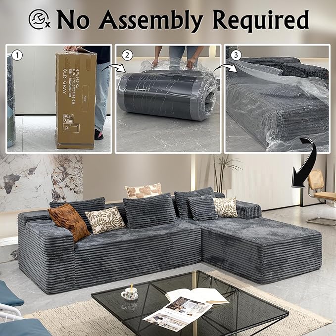 Grey sectional couches for Living Room-Corduroy Couch，104" Cloud Sectional Couch with L-Shape Chaise， Modern Modular Sofa, Deep Seat Comfort, No Assembly Required(Plush Corduroy Fabric)