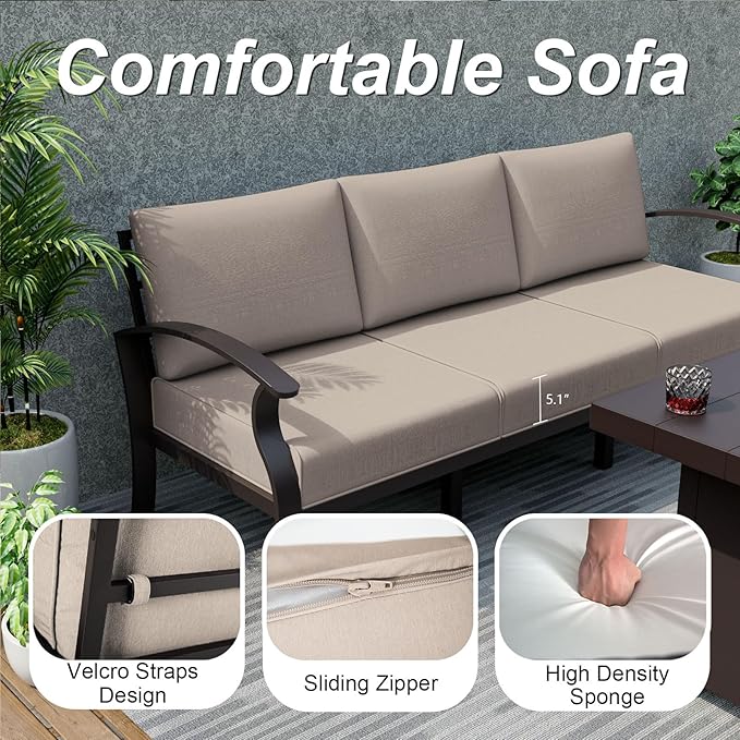 ALAULM Aluminum Patio Furniture Set with Propane Fire Pit Table Metal Outdoor Furniture w/Fire Pit Patio Conversation Sets w/5.1" Cushions and 7 Seats for Patio,Backyard,Poolside-Khaki