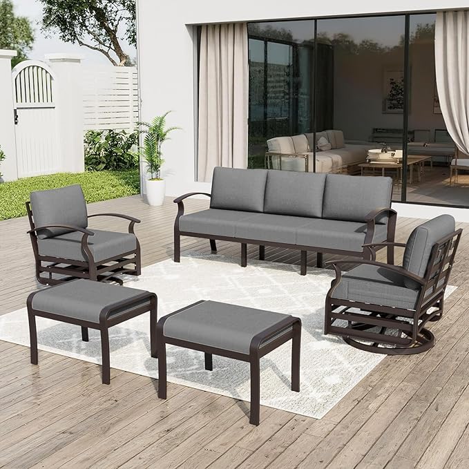ALAULM Aluminum Patio Furniture Set with Swivel Chairs 7-seat Metal Outdoor Furniture Patio Sectional Sofas w/2 Ottomans for Porch, Backyard, Poolside-Grey