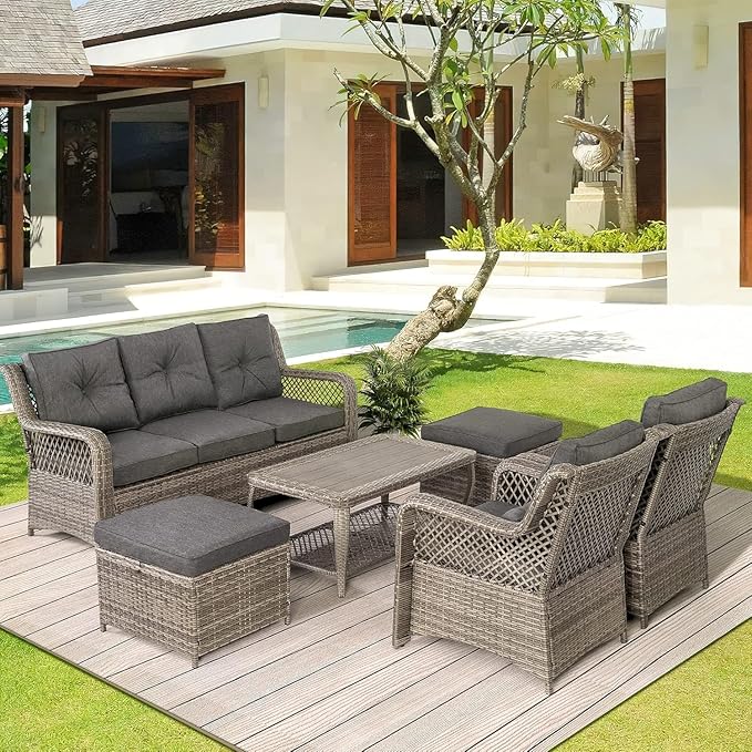 HOMREST 6 Piece Patio Furniture Set, Wicker Outdoor Conversation Sofa Set w/ 2 Ottomans, Storage Coffee Table, Rattan Outdoor Sectional for Deck Backyard Porch (7 Seats, Gray)