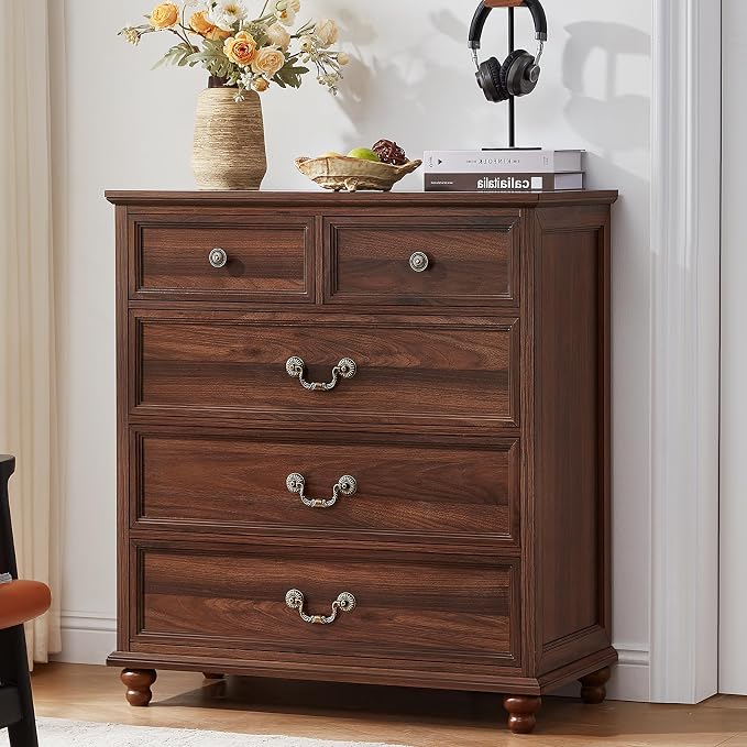 Joaxswe Farmhouse 5 Drawer Dresser Set of 2 for Bedroom, 35" Tall Rustic Chests of Drawers w/ 4 Solid Wood Feet, Mid Century Vintage Wooden Closet Storage Dressers Organizer for Living Room,Brown - Image 9