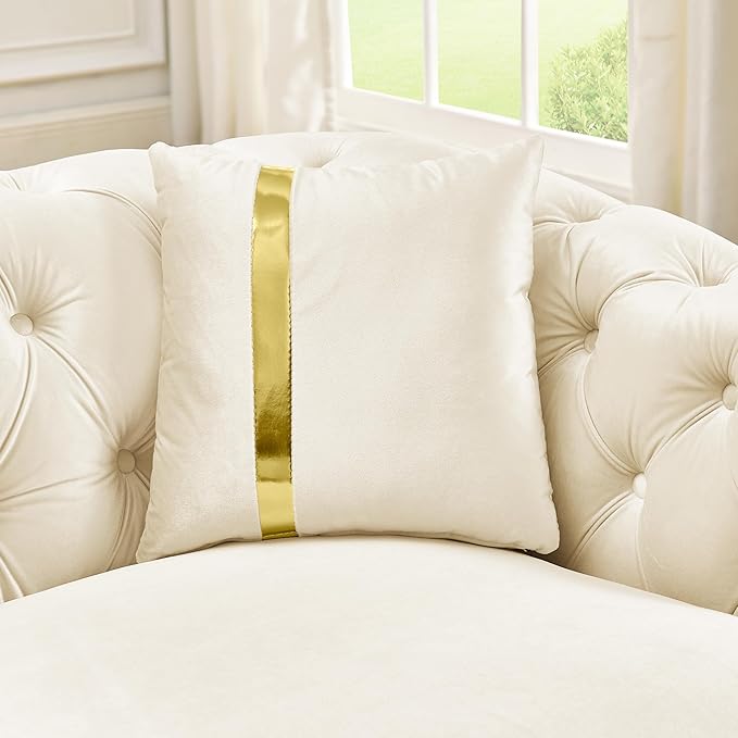 KEIKI 2-Piece Luxury Chesterfield Sofa Set with 1 Velvet 3-Seater Sofa & 1 Loveseat Sofa, 5-Seater Couch Set with 4 Pillow, Gold Stainless Decoration and Rolled Arms, for Living Room, Beige