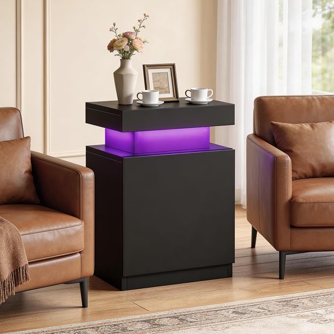 MXV LED Night Stand with Charging Station, Bedside Table with Sliding Top Storage, Modern End Table for Bedroom, Black - Image 8