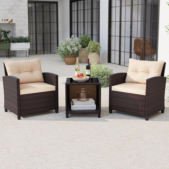 KOTEK 3 Piece Patio Furniture Set, Outdoor Conversation Set with Washable Cushions & Storage Table, PE Rattan Wicker Bistro Set for Porch, Backyard, Balcony (Beige)