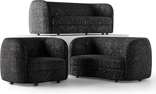 Furniture of America Nimiane Modern Boucle 3 Piece Sofa Set with Curved Arms and Wooden Legs, Accent Furniture Sets for Living Room, Home Office, Bedroom, Lounge, Black