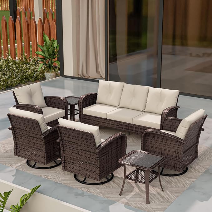 7 Piece Patio Conversation Set – 2 Swivel Rocking Chairs, 2 Coffee Tables & 3-Seater Sofa | PE Wicker Patio Sectional | Heavy-Duty Steel Frame & Weatherproof Cushions, Beige
