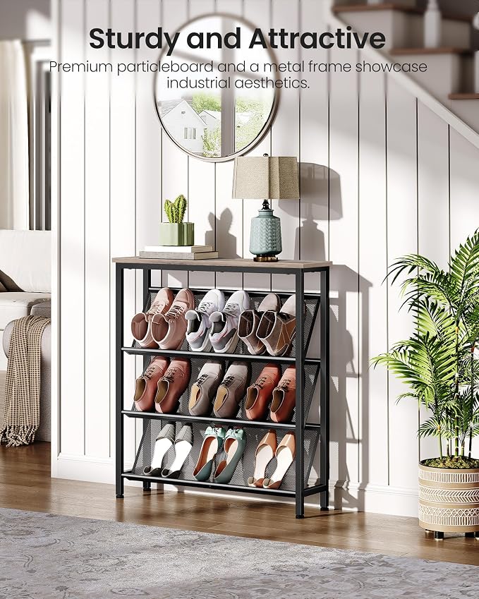 CHOEZON Shoe Rack, 4-Tier Slanted Shoe Storage Shelf, Narrow Shoe Rack for Entryway, Shoe Organizer with Adjustable Feet, Slim Shoe Shelf with Wooden Top and Metal Frame, Greige and Black TXJ75BG - Image 4