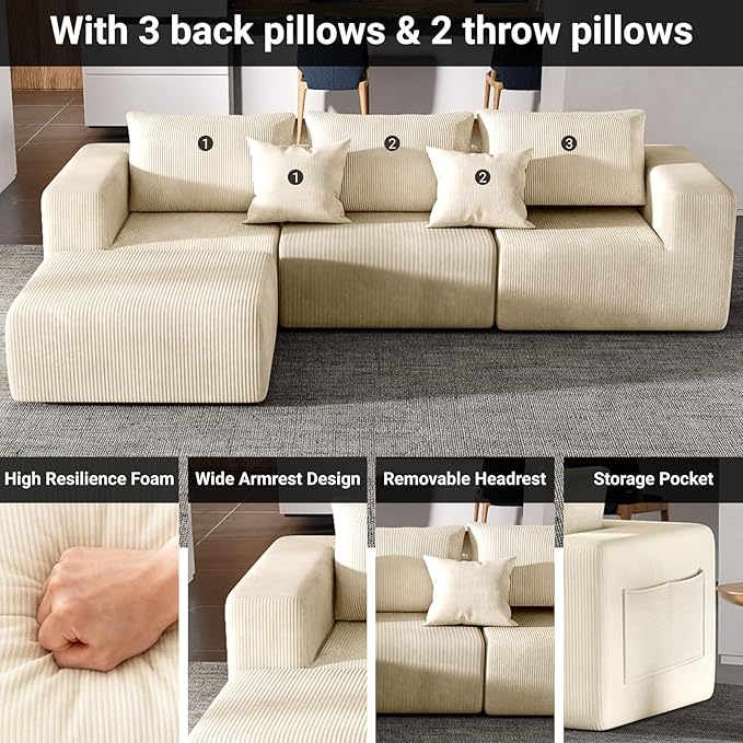 Modern L-Shaped Modular Sectional Sofa for Living Room, Oversized 3 Seaters Boneless Cloud Couch Sectional with Ottoman, Deep Seat, Pockets No Assembly Required (Beige)
